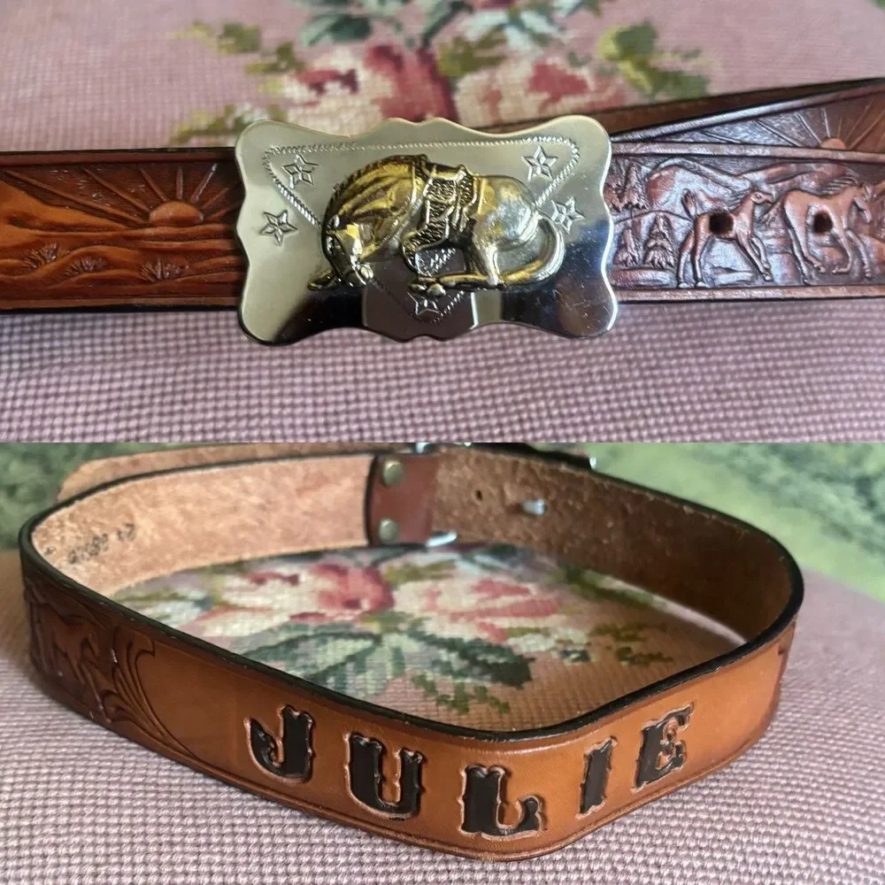 Vintage 90s Western Silver Creek Tooled Leather Belt Sz 24 1990 24